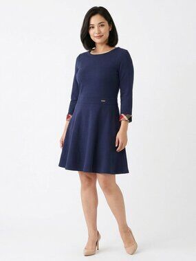 Burberry Blue Label Crestbridge Navy Blue Cotton Plaid Iconic Navy Skater Dress